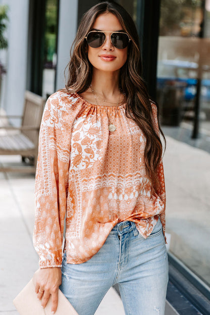 Orangefarbene Rundhalsbluse mit Kordelzug und Boho-Print