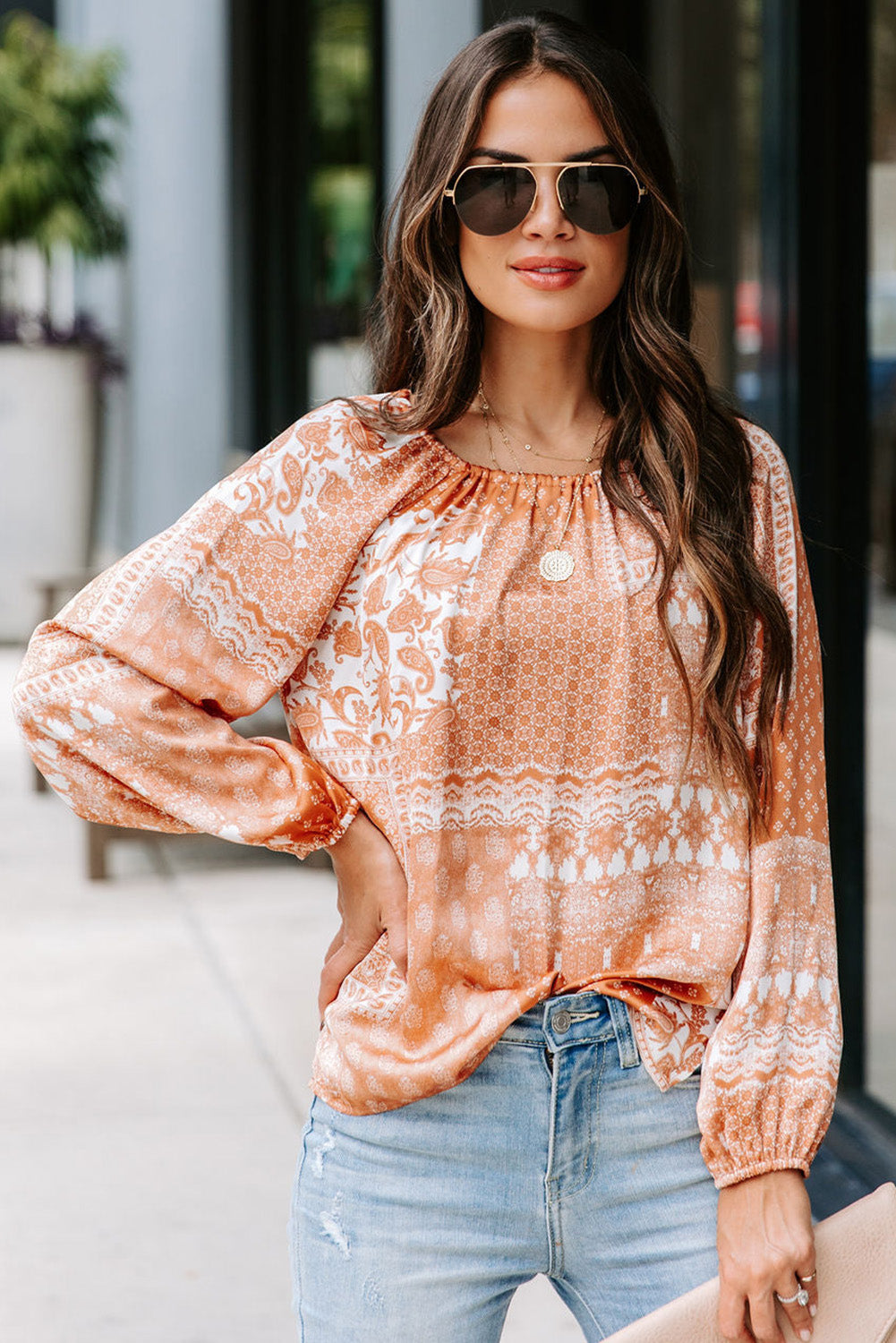 Orange Boho Printed Drawstring Round Neck Blouse