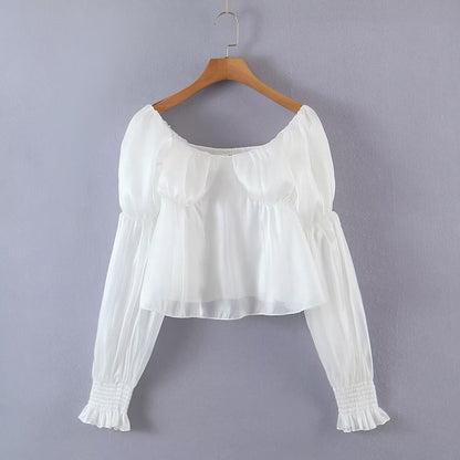 Solid Color Sweet Square Collar Bell Sleeve Top Women