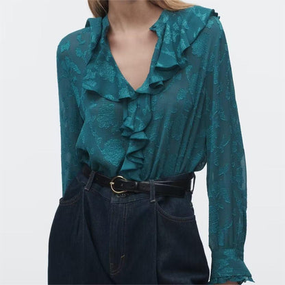 Women Clothing Spring Long Sleeve Laminated Decoration Textured Shirt