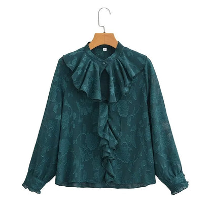 Women Clothing Spring Long Sleeve Laminated Decoration Textured Shirt