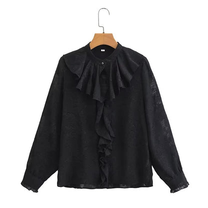 Women Clothing Spring Long Sleeve Laminated Decoration Textured Shirt