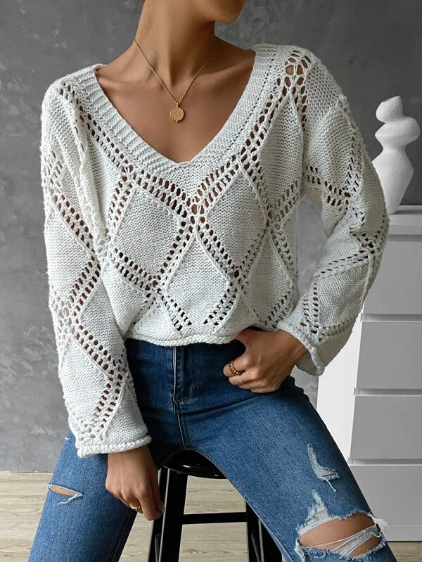 Women Spring and Summer V neck Hollow Long sleeve Sweater