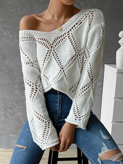 Women Spring and Summer V neck Hollow Long sleeve Sweater