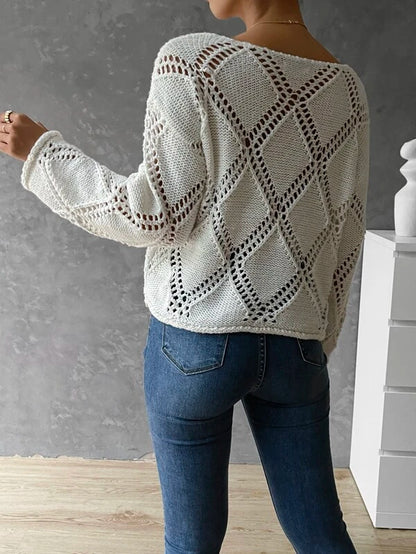 Women Spring and Summer V neck Hollow Long sleeve Sweater