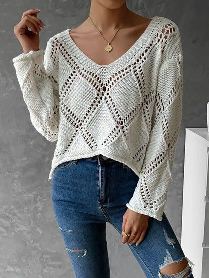 Women Spring and Summer V neck Hollow Long sleeve Sweater