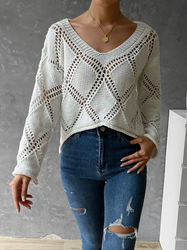 Women Spring and Summer V neck Hollow Long sleeve Sweater