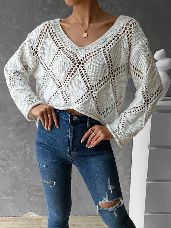 Women Spring and Summer V neck Hollow Long sleeve Sweater