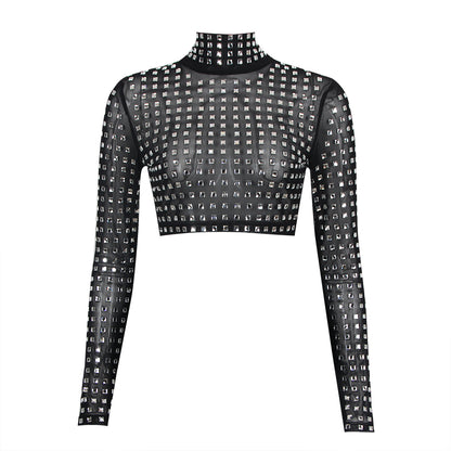 Spring Summer Sexy Show Belly Party Gathering Mesh Diamond Top Long Sleeve Broken Top Women