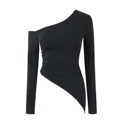 Sexy off the Shoulder Irregular Asymmetric Hem Sweater Autumn Personality Slim Fit Bottoming Shirt