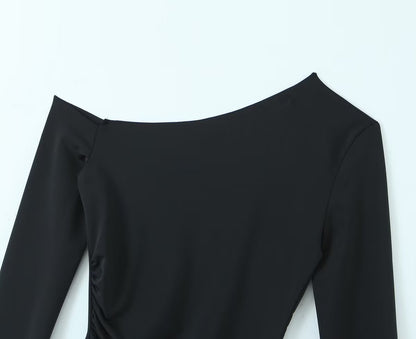 Sexy off the Shoulder Irregular Asymmetric Hem Sweater Autumn Personality Slim Fit Bottoming Shirt