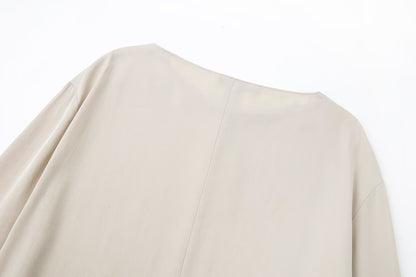 Women round Neck Spring Drawstring Hem Silk Satin Texture Drape Shirt Loose