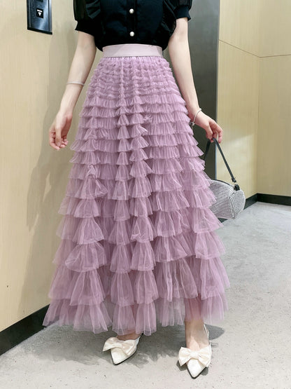 Mesh Tiered Skirt Women Spring Autumn Dress Fairy White Yarn Skirt Pleated