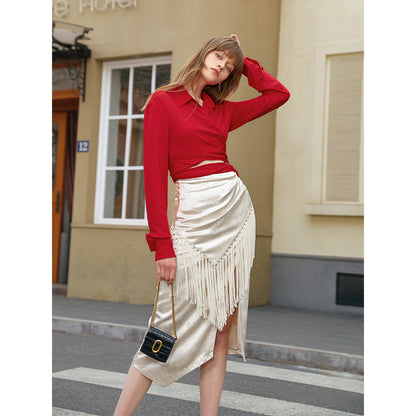 Summer Luxury Dark Pattern Tassel Split Skirt for Women