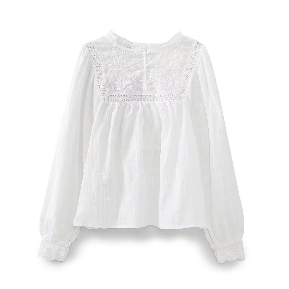 Top de camisa bordada con recorte calado y cuello de encaje blanco para mujer de primavera