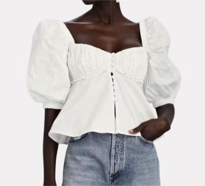 Camisa blanca de una sola botonadura con mangas abullonadas para mujer, blusa ajustada de verano que favorece la figura, blusa elegante, camisa pequeña