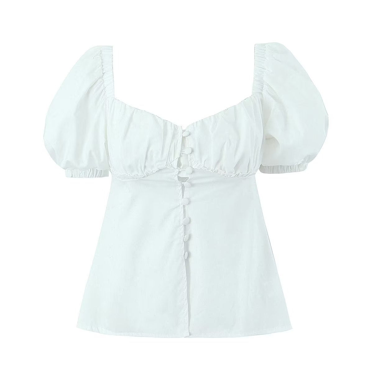 Camisa blanca de una sola botonadura con mangas abullonadas para mujer, blusa ajustada de verano que favorece la figura, blusa elegante, camisa pequeña