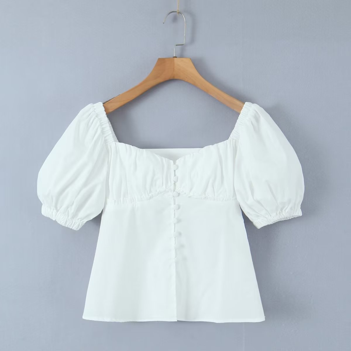 Camisa blanca de una sola botonadura con mangas abullonadas para mujer, blusa ajustada de verano que favorece la figura, blusa elegante, camisa pequeña