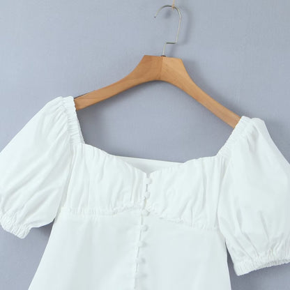 Camisa blanca de una sola botonadura con mangas abullonadas para mujer, blusa ajustada de verano que favorece la figura, blusa elegante, camisa pequeña