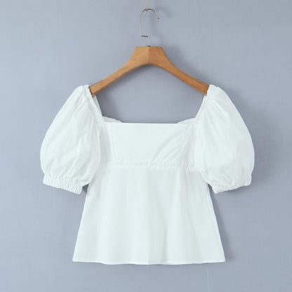 Camisa blanca de una sola botonadura con mangas abullonadas para mujer, blusa ajustada de verano que favorece la figura, blusa elegante, camisa pequeña