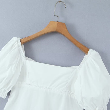 Camisa blanca de una sola botonadura con mangas abullonadas para mujer, blusa ajustada de verano que favorece la figura, blusa elegante, camisa pequeña