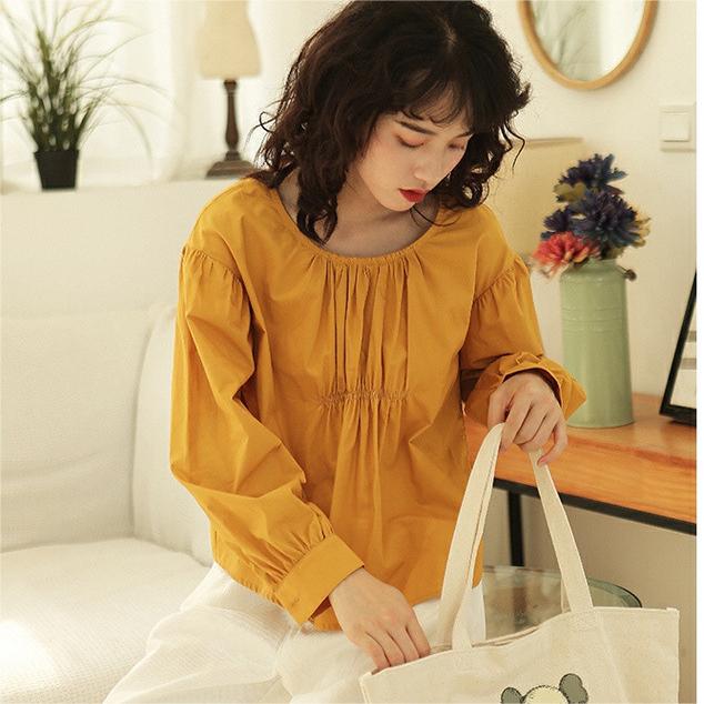 Nischen Design Shirt Korean Chic Reine Baumwolle Plissee Süße Alle Passenden Langarm Top Frauen