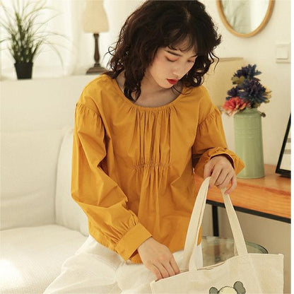 Niche Design Shirt Korean Chic Pure Cotton Pleating Sweet All Matching Long Sleeve Top Women