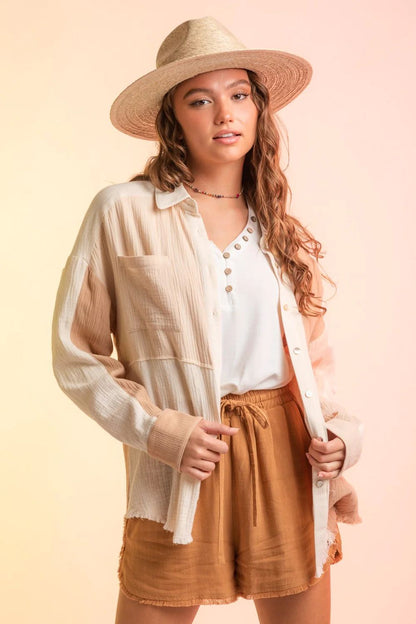 Ropa de mujer Abrigo de primavera Bolsillo Camisa de mujer de un solo pecho con colores a juego