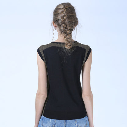 Suéter fino de seda de hielo para mujer, jersey de cuello redondo bajo, camisa que combina con todo, Top holgado negro