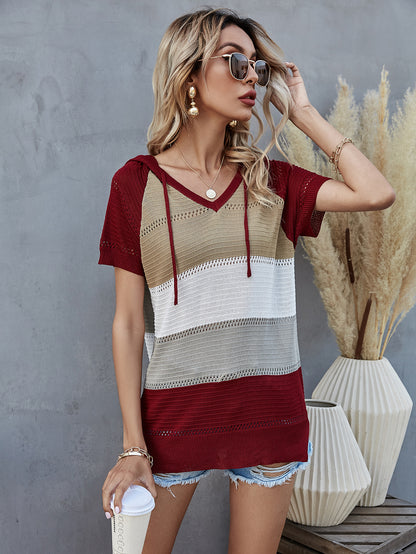 Spring Summer Pullover Knitwear Short Sleeve Striped Hooded T shirt Women