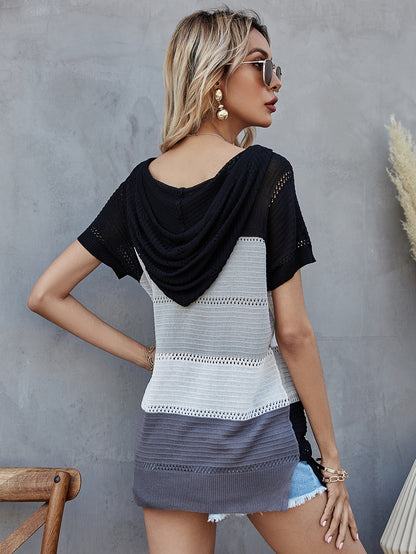 Spring Summer Pullover Knitwear Short Sleeve Striped Hooded T shirt Women