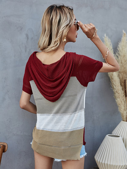 Spring Summer Pullover Knitwear Short Sleeve Striped Hooded T shirt Women