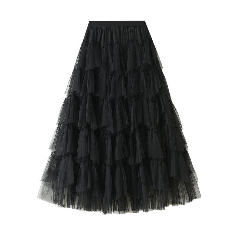 Frühlings-Stufenkleid aus Netzstoff, langer Rock, Designrock, einfach passender Pettiskirt aus Netzstoff