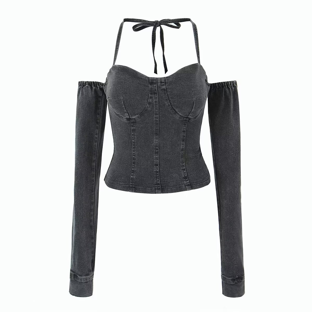 Sexy off the Shoulder Tube Top Halter Lace up Boning Corset Line Long Sleeve Denim Top Spring Slim Fit Sexy Top