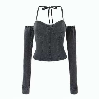 Sexy schulterfreies Tube-Top mit Neckholder, Schnürung und Korsett-Stabband, langärmeliges Jeanstop, Frühlings-Slim-Fit-Sexy-Top