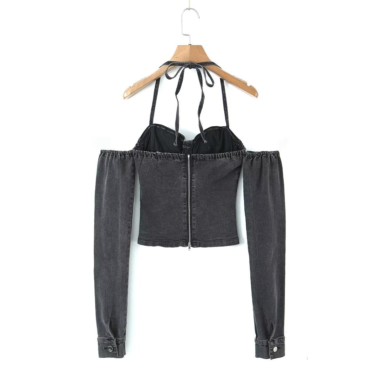 Sexy schulterfreies Tube-Top mit Neckholder, Schnürung und Korsett-Stabband, langärmeliges Jeanstop, Frühlings-Slim-Fit-Sexy-Top