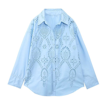 Spring Loose Long Sleeve Collared Single Breasted Top Hollow Out Cutout Embroidered Shirt