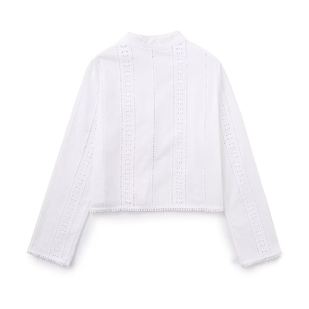 Summer Women White round Neck Long Sleeve Hollow Out Cutout Embroidery Tassel Hem Shirt