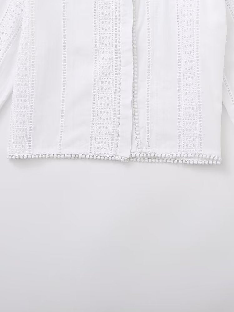 Summer Women White round Neck Long Sleeve Hollow Out Cutout Embroidery Tassel Hem Shirt