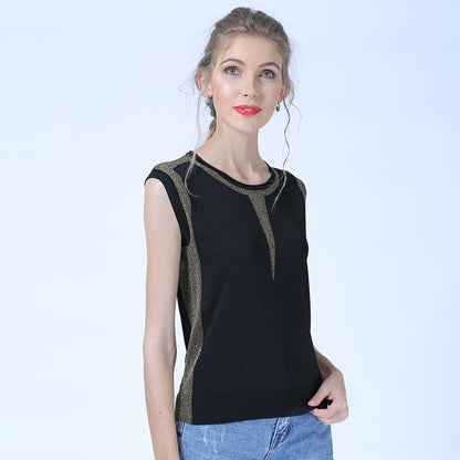 Suéter fino de seda de hielo para mujer, jersey de cuello redondo bajo, camisa que combina con todo, Top holgado negro