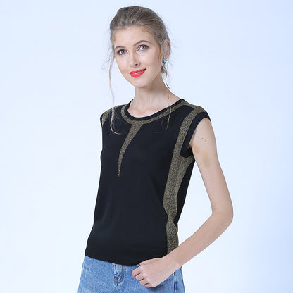 Suéter fino de seda de hielo para mujer, jersey de cuello redondo bajo, camisa que combina con todo, Top holgado negro