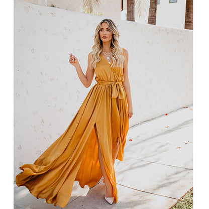 Women Bohemian Solid Color V Sleeveless High Slit Large Swing Patchwork Maxi Dress Dress Maxi