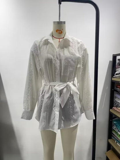 Camisa de manga larga elegante bordada para mujer