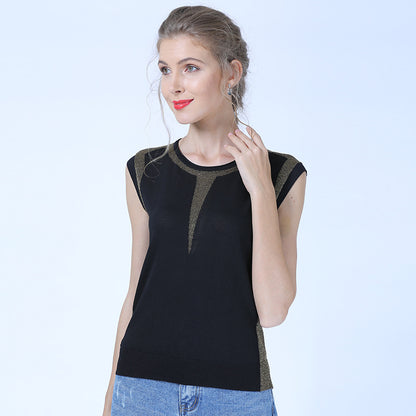 Suéter fino de seda de hielo para mujer, jersey de cuello redondo bajo, camisa que combina con todo, Top holgado negro