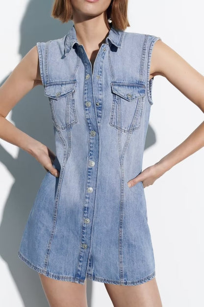 Sommer Damen Kragen Ärmelloses Weste Kleid Gerade Schlank Einreihig Denim Kleid