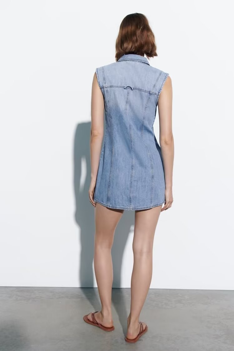 Sommer Damen Kragen Ärmelloses Weste Kleid Gerade Schlank Einreihig Denim Kleid