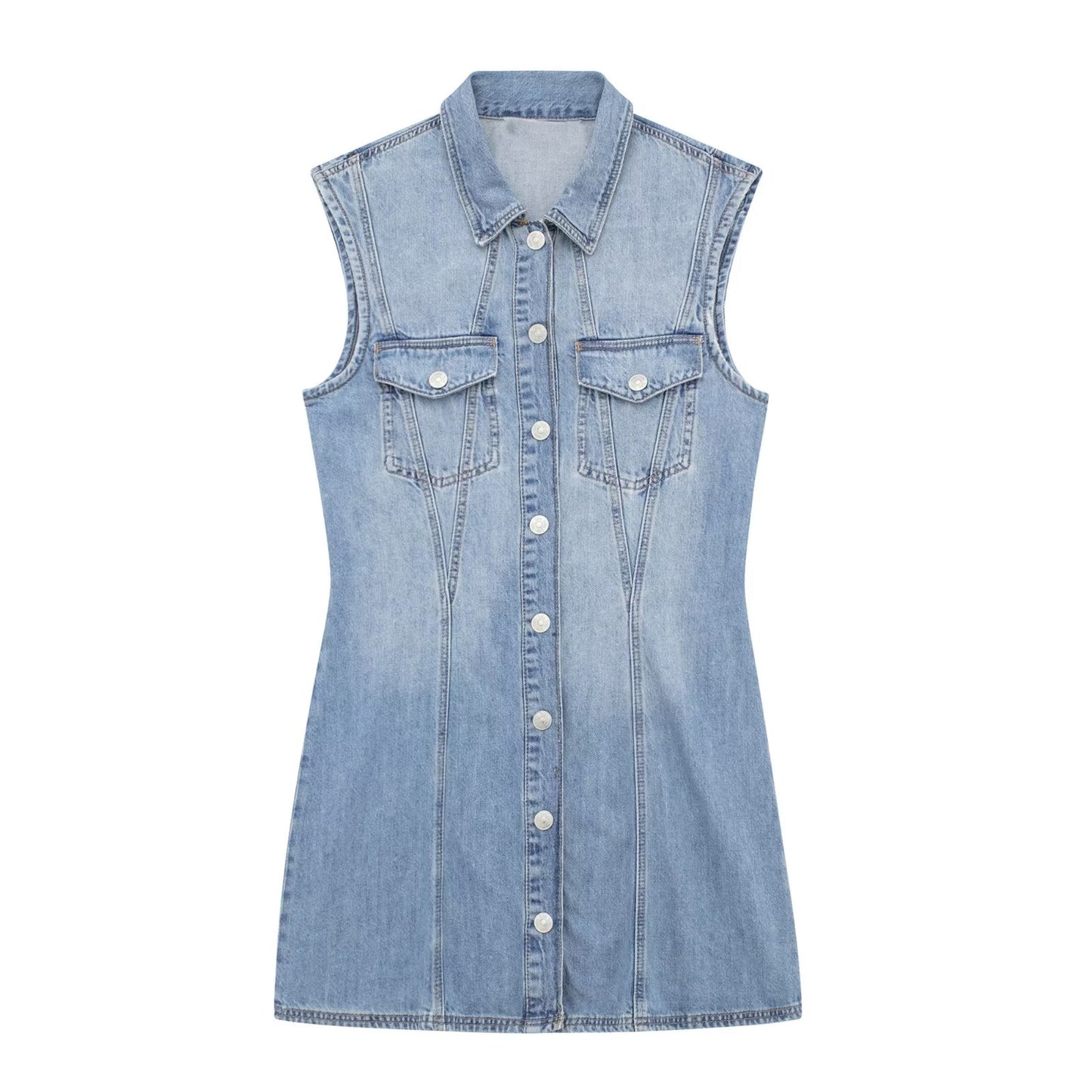 Sommer Damen Kragen Ärmelloses Weste Kleid Gerade Schlank Einreihig Denim Kleid