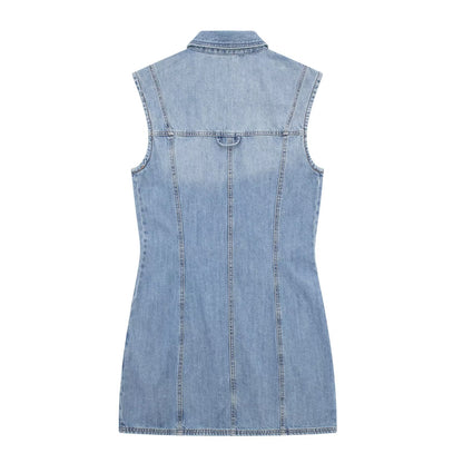 Sommer Damen Kragen Ärmelloses Weste Kleid Gerade Schlank Einreihig Denim Kleid