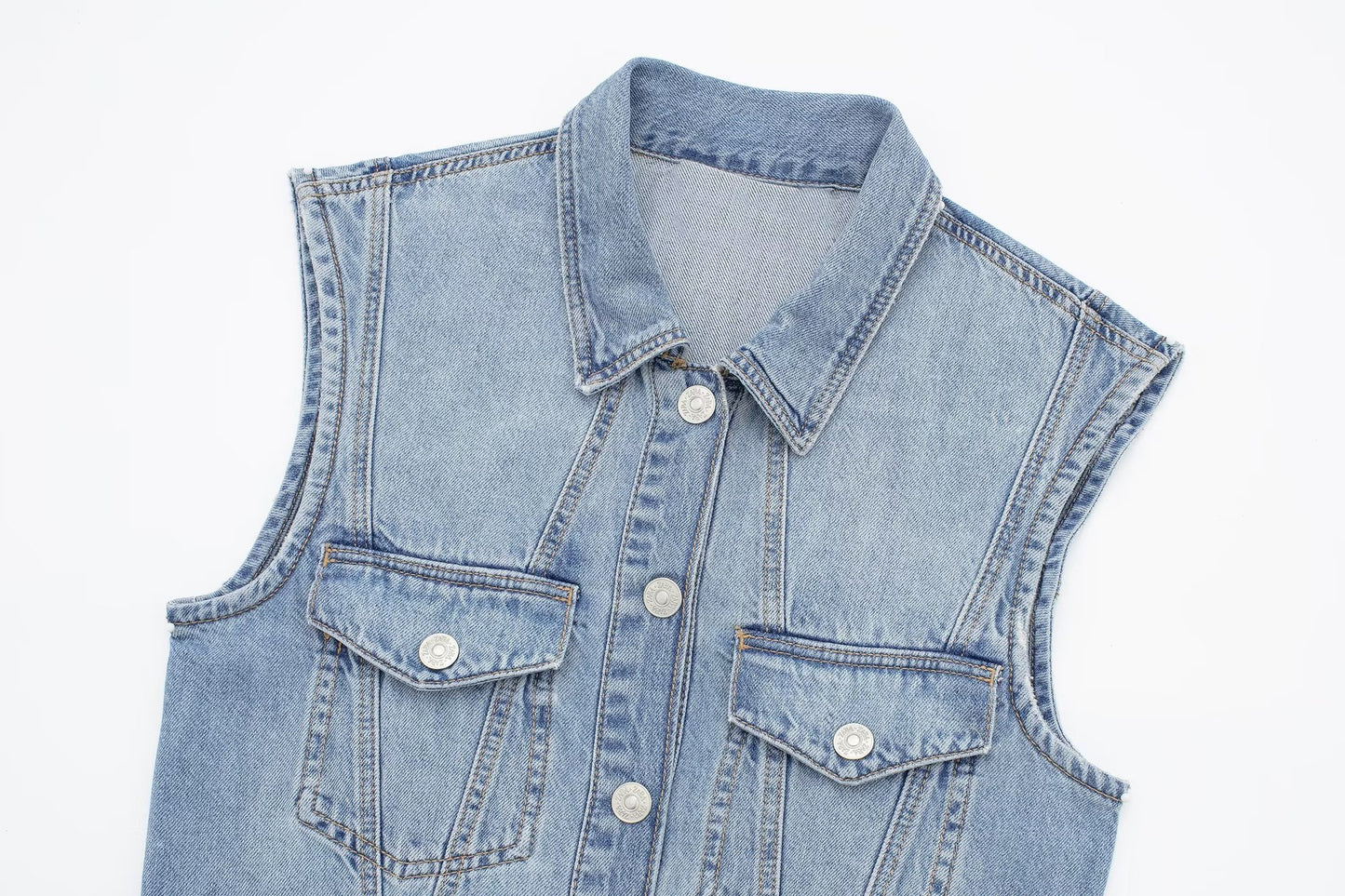 Sommer Damen Kragen Ärmelloses Weste Kleid Gerade Schlank Einreihig Denim Kleid