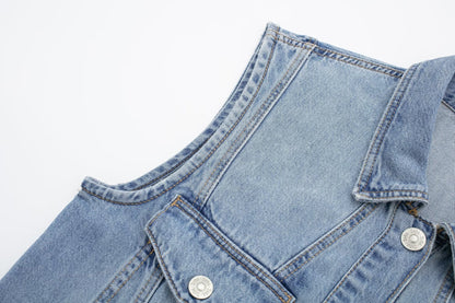 Sommer Damen Kragen Ärmelloses Weste Kleid Gerade Schlank Einreihig Denim Kleid